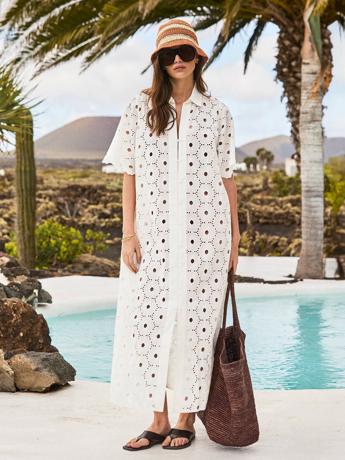 Ivory Broderie Scallop Sleeve Shirt Dress