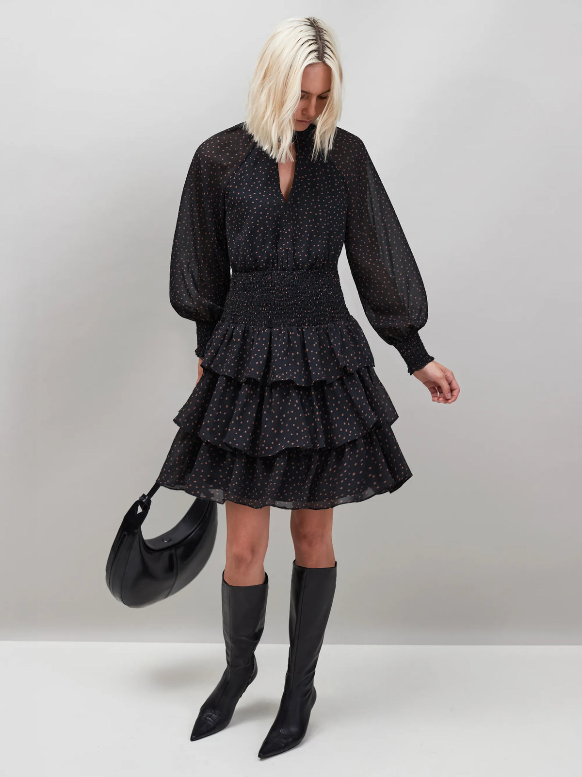 Caramel Dash Print Tiered Mini Dress