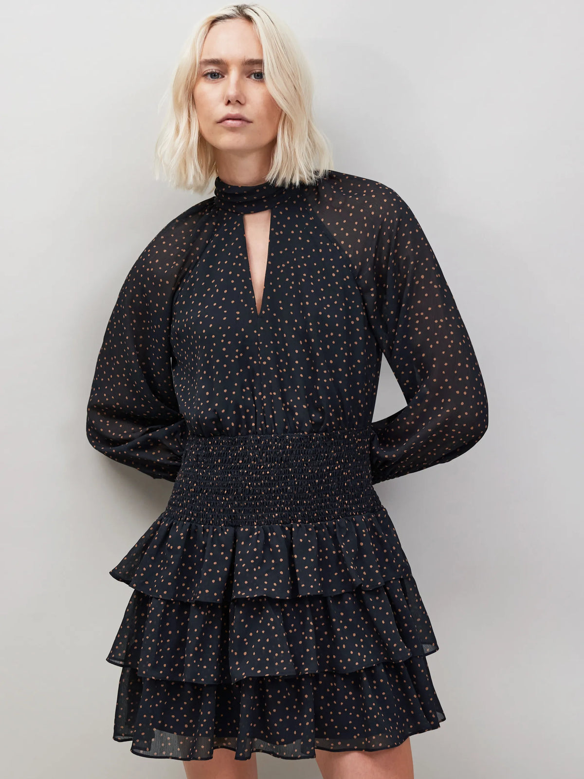 Caramel Dash Print Tiered Mini Dress