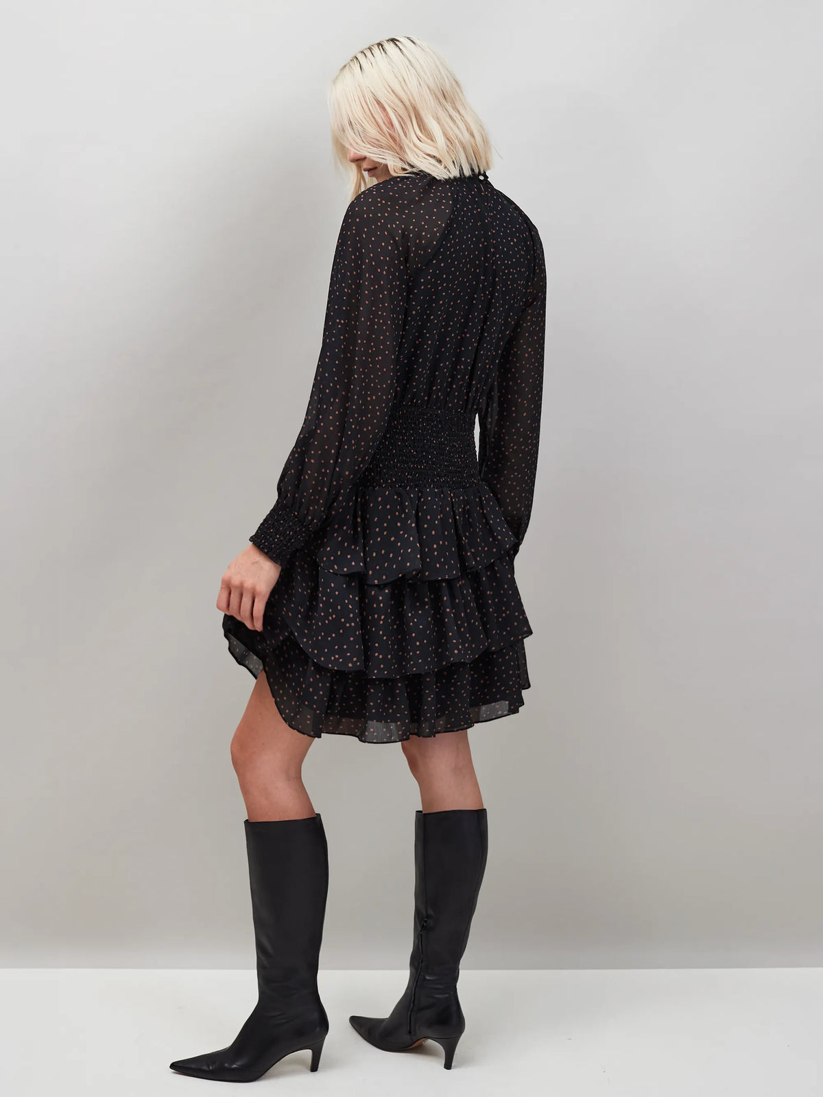 Caramel Dash Print Tiered Mini Dress