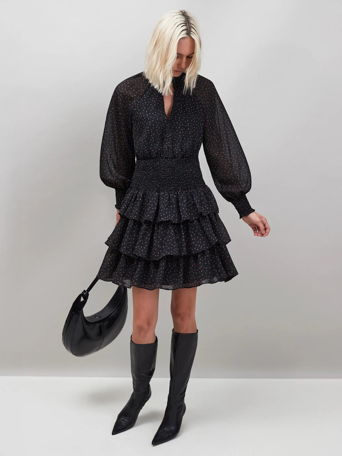 Caramel Dash Print Tiered Mini Dress