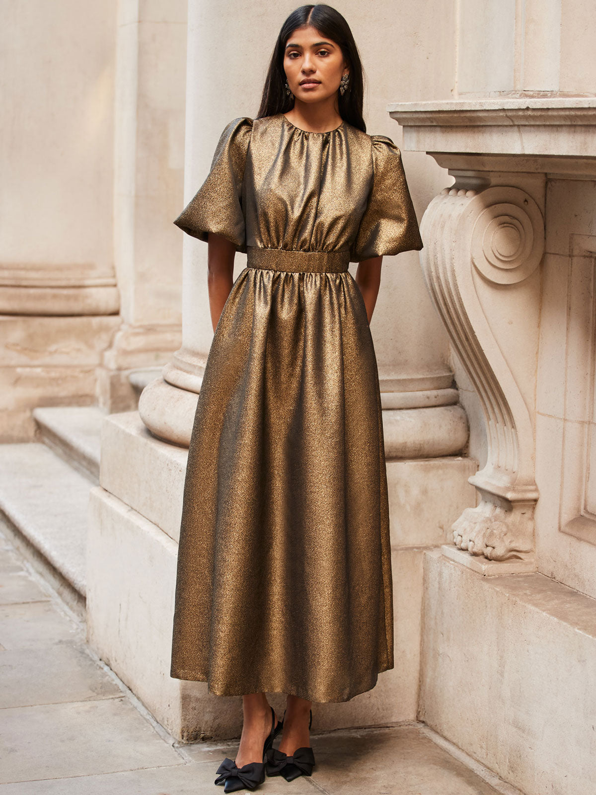 Seraphina Gold Puff Sleeve Dress