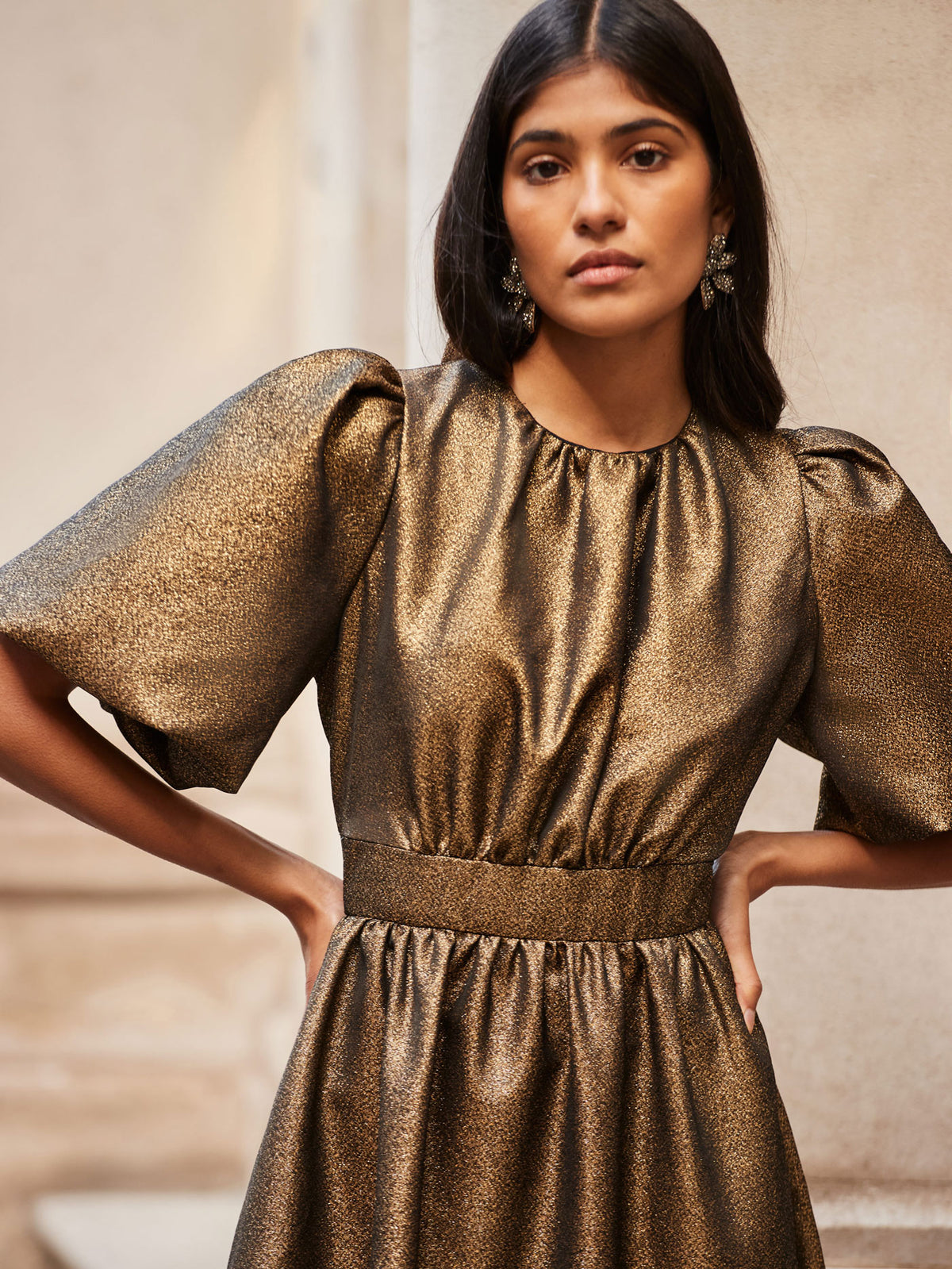 Seraphina Gold Puff Sleeve Dress