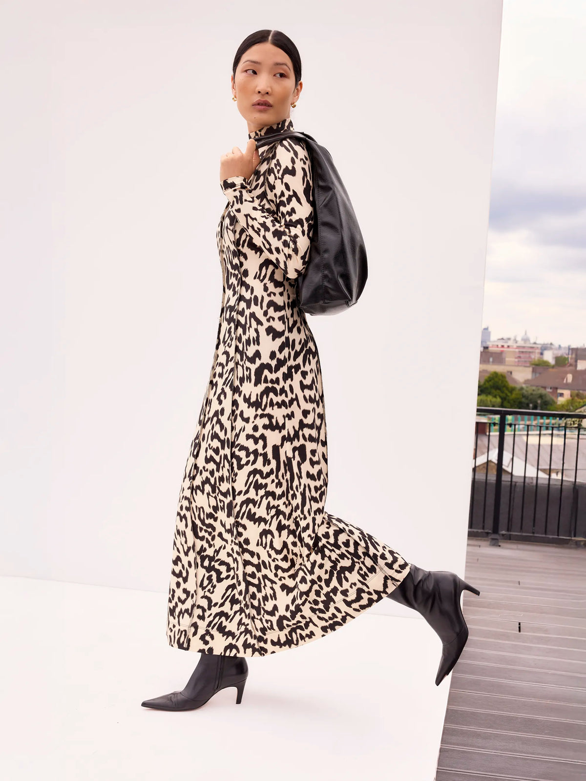 Petite Leopard-Print Jersey Turtleneck Maxi Dress