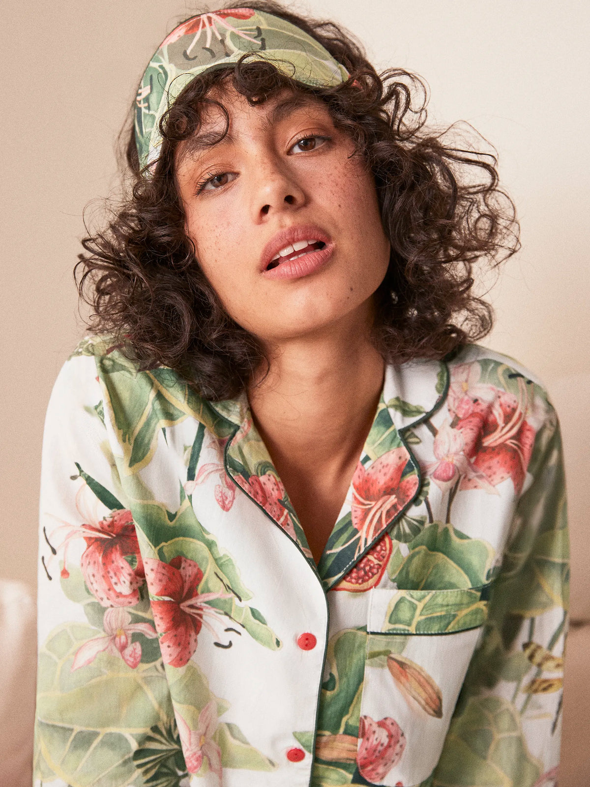 Multi Lotus Print Cotton Pyjamas & Sleep Mask