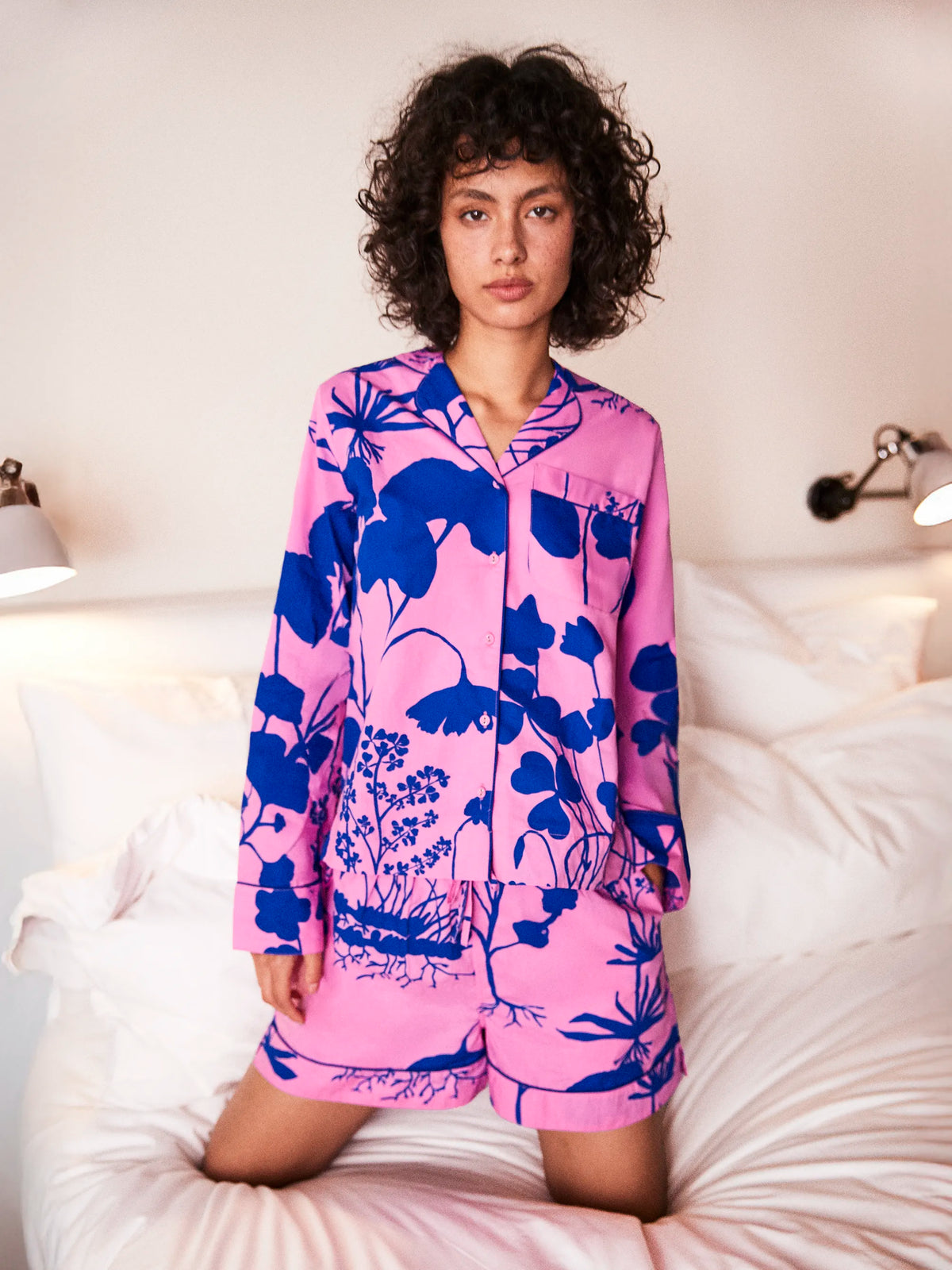 Pink Abstract Floral Print Cotton Short Pyjamas & Sleep Mask