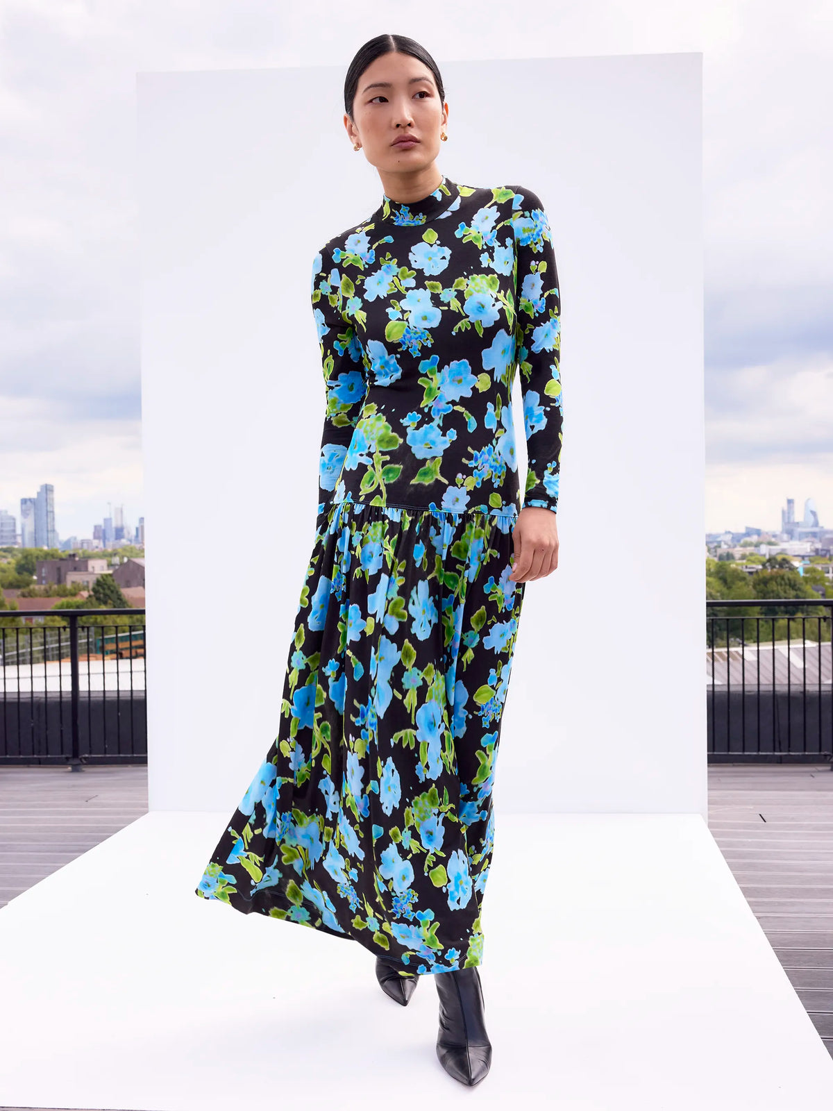 Blue And Green Floral Dropped Waist Jersey Dress