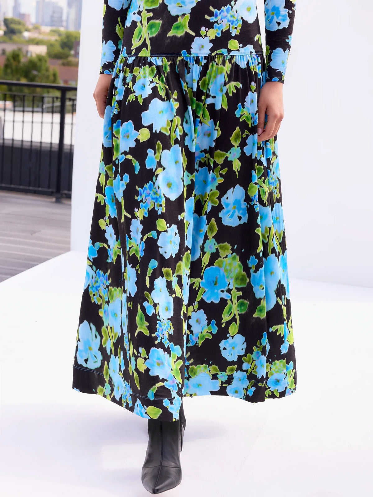 Blue And Green Floral Dropped Waist Jersey Dress