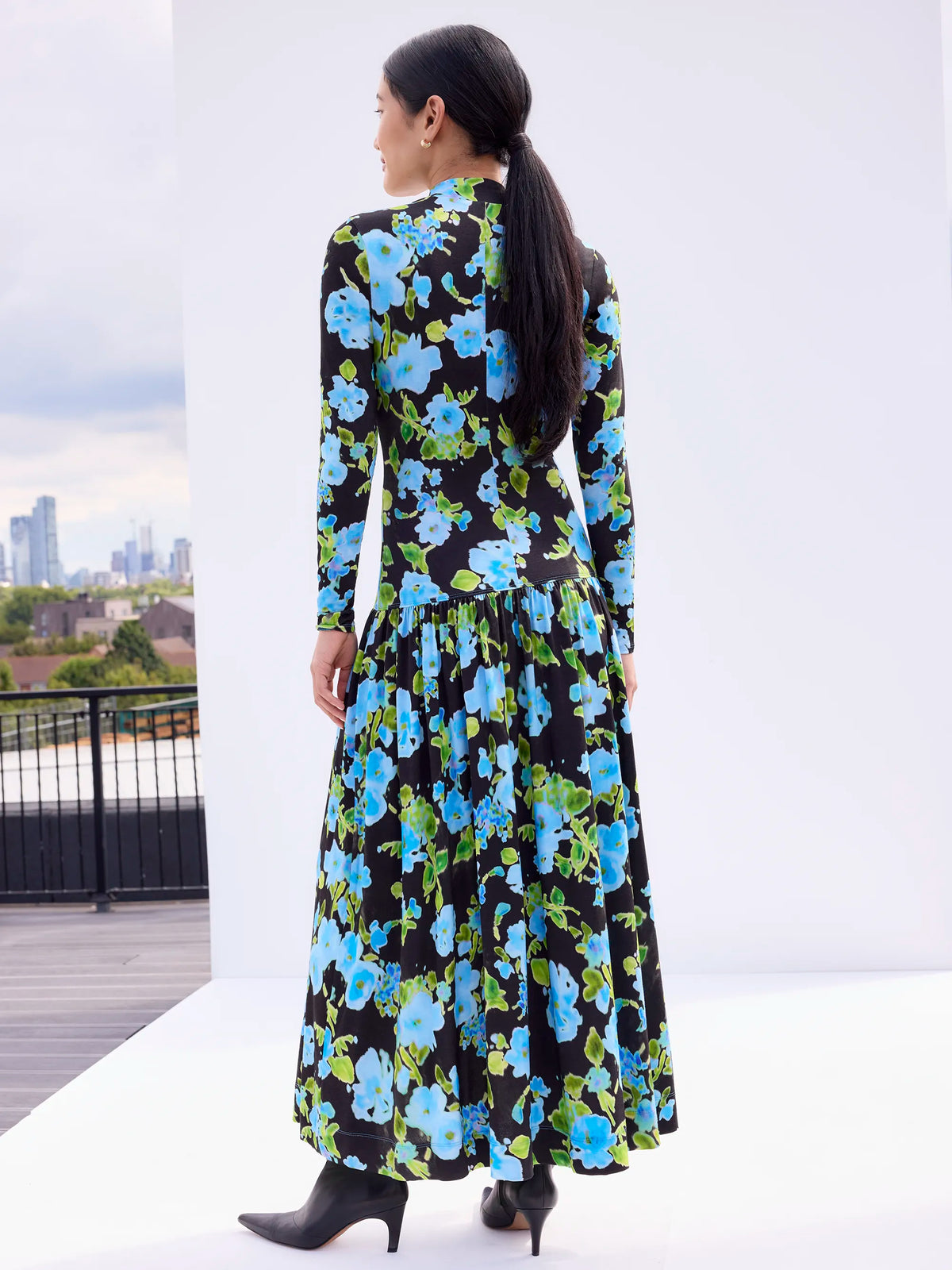 Blue And Green Floral Dropped Waist Jersey Dress