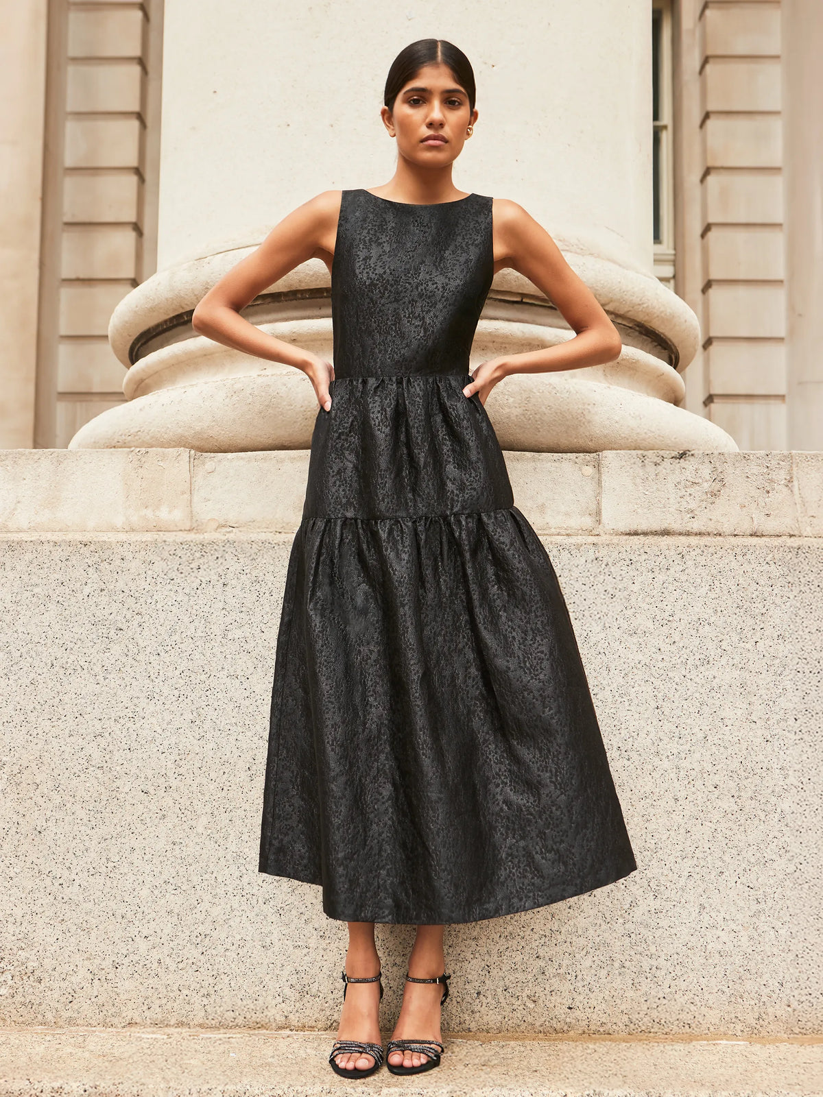 Georgie Black Tiered Jacquard Dress