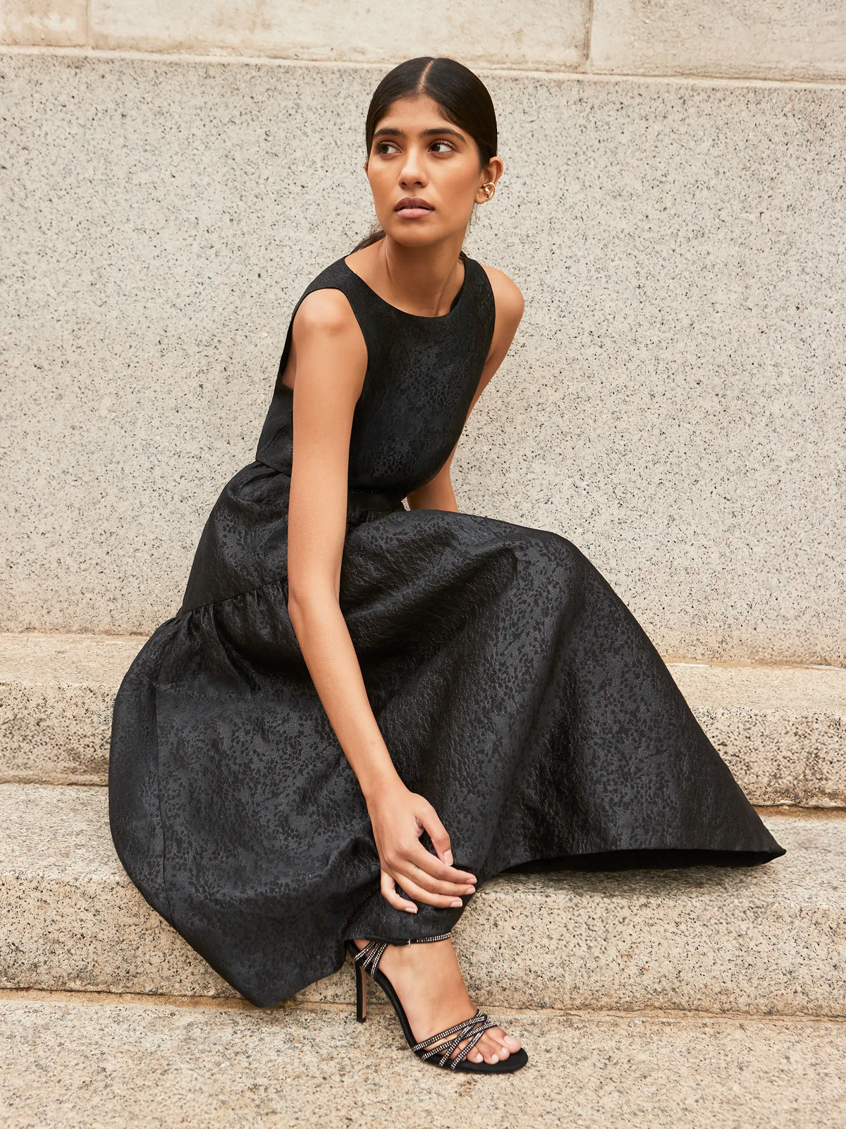 Georgie Black Tiered Jacquard Dress