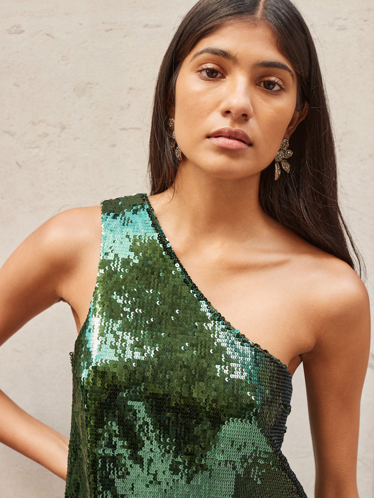 Green One-Shoulder Sequinned Top