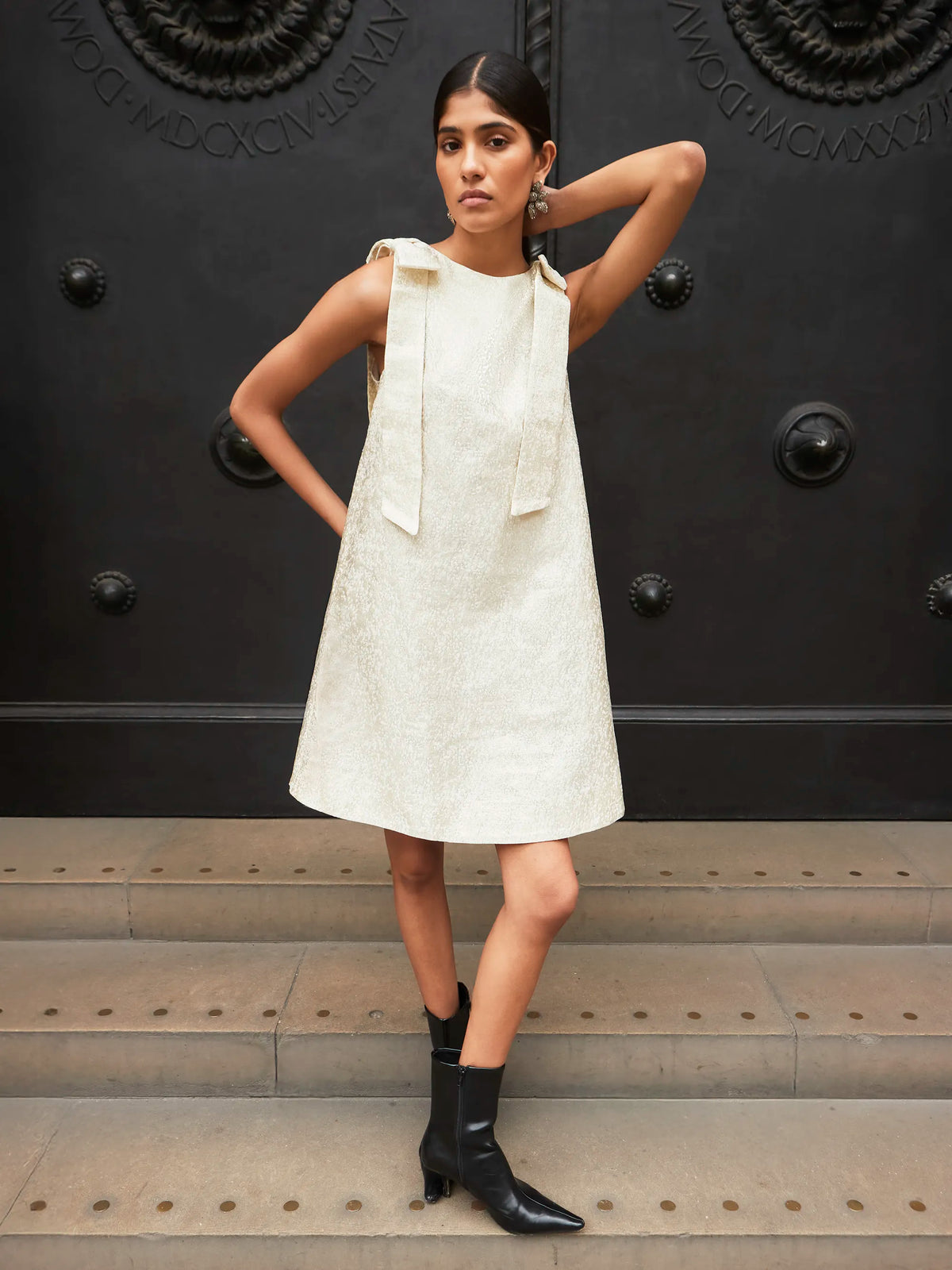 Heidi Gold Jacquard Bow Detail Mini Dress