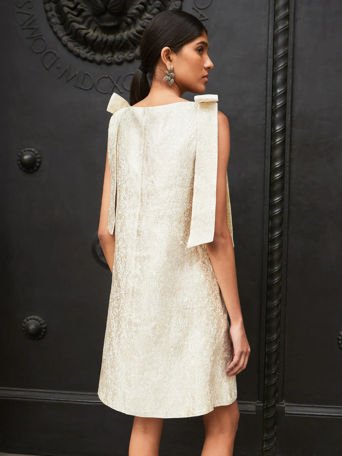 Heidi Gold Jacquard Bow Detail Mini Dress