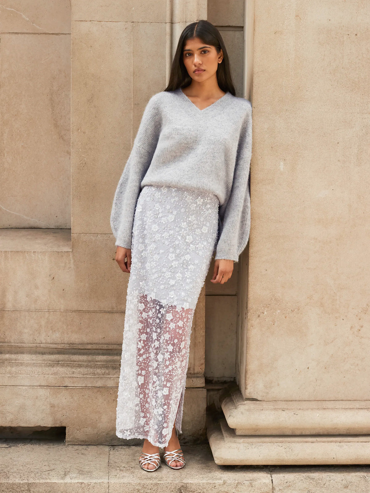 Silver Crystal Sequin Beaded Skirt