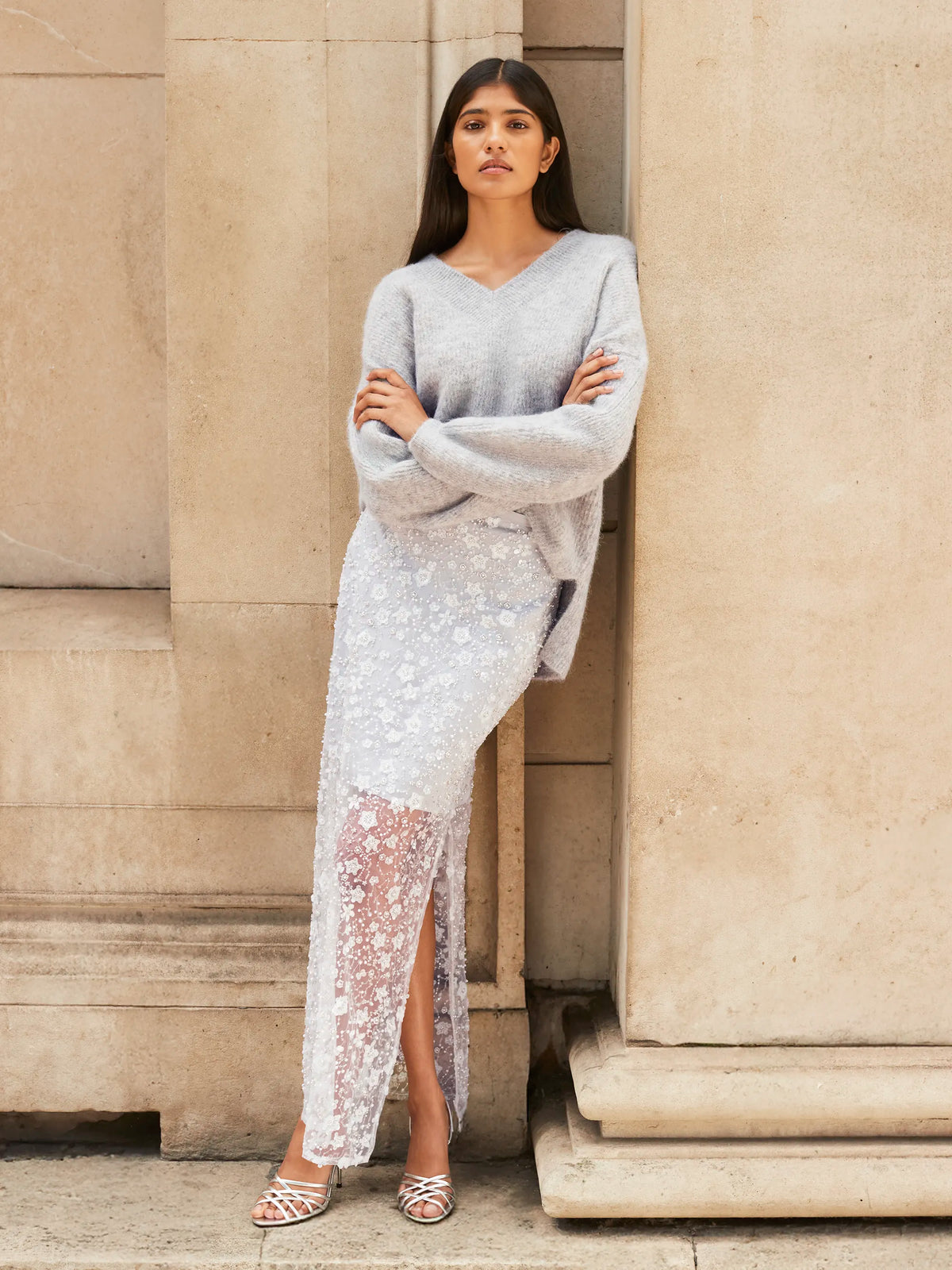 Silver Crystal Sequin Beaded Skirt
