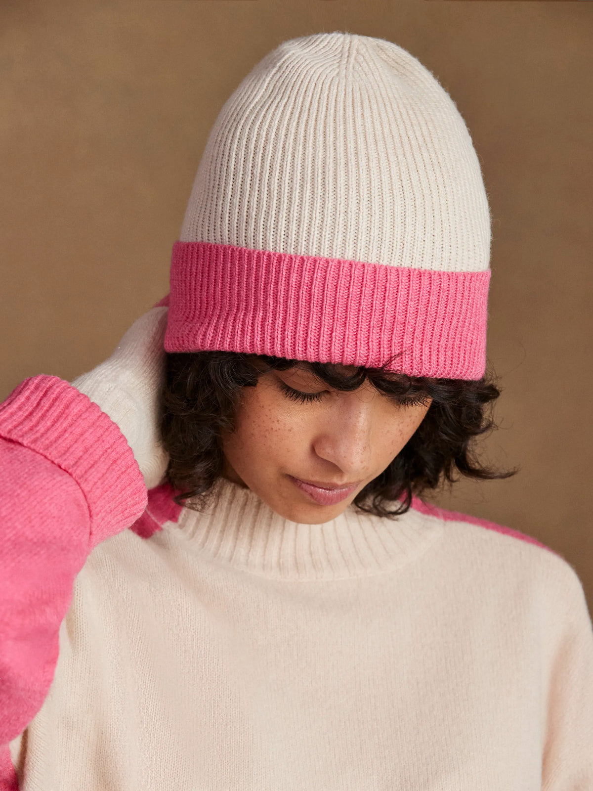 Pink Colour Block Beanie With Cashmere