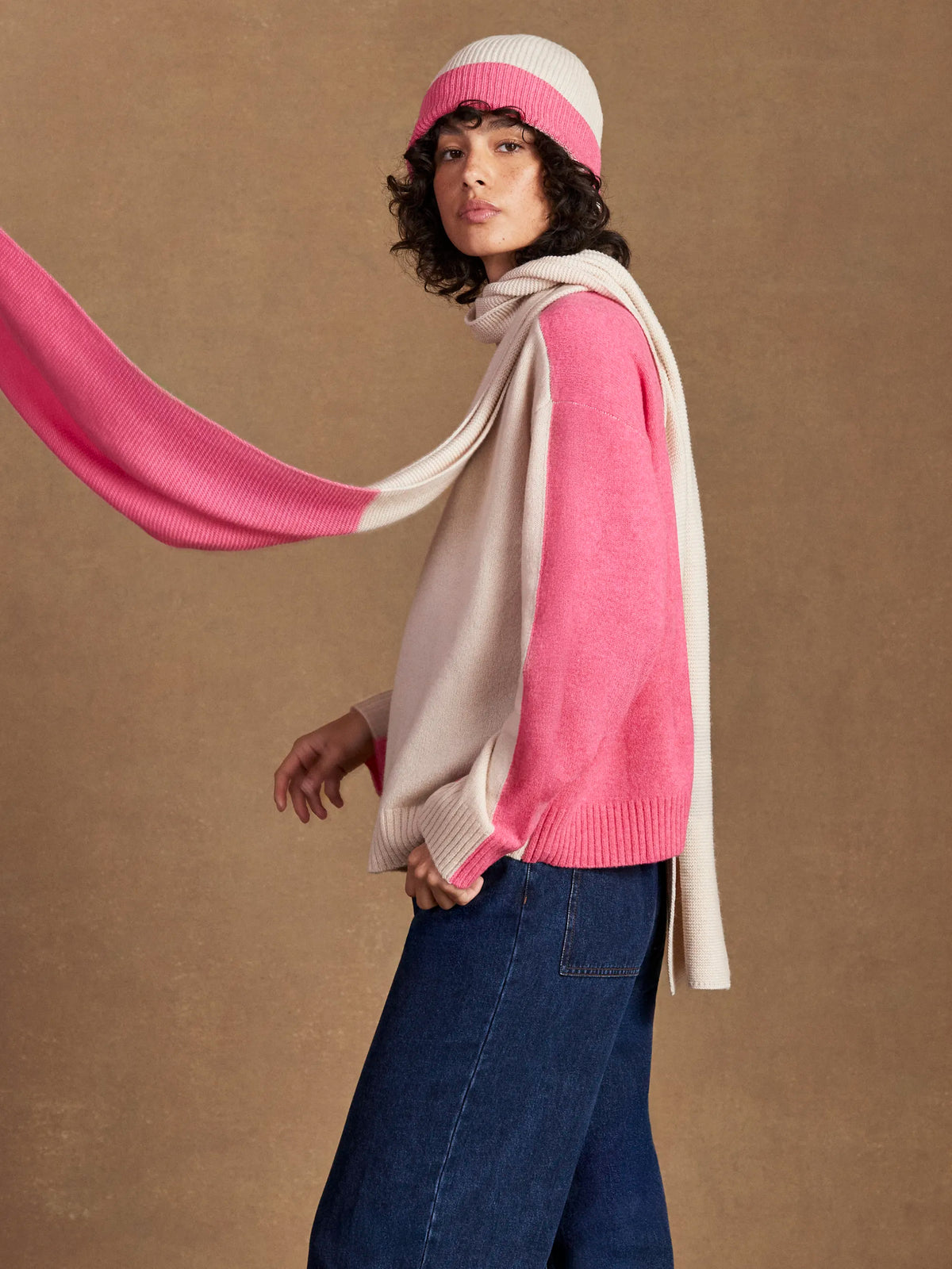 Pink Colour Block Scarf With Cashmere