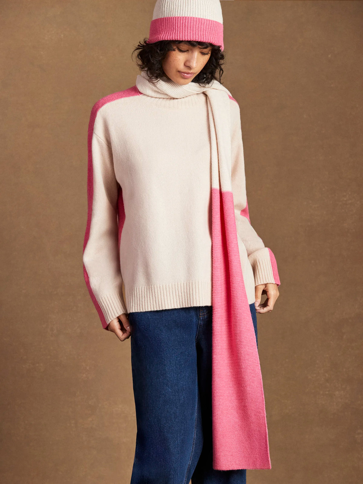Pink Colour Block Scarf With Cashmere