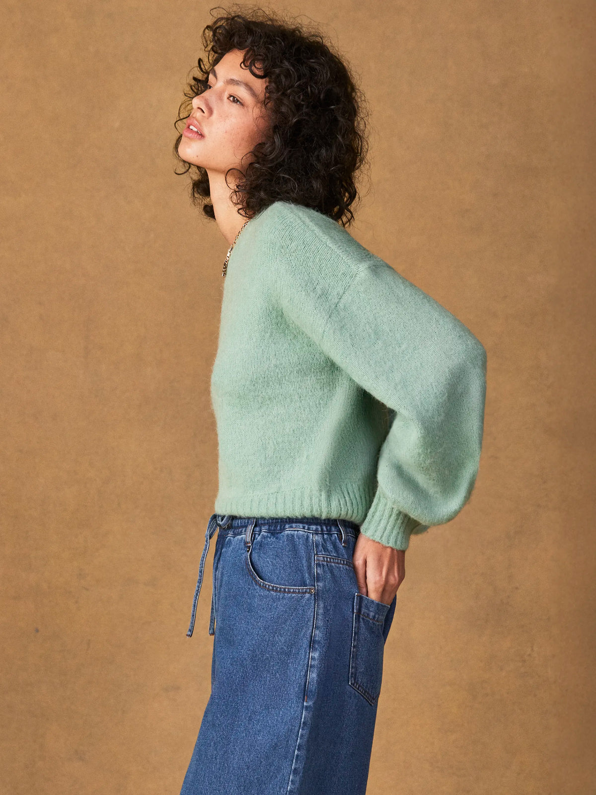 Green Brushed Cropped Jumper With Alpaca