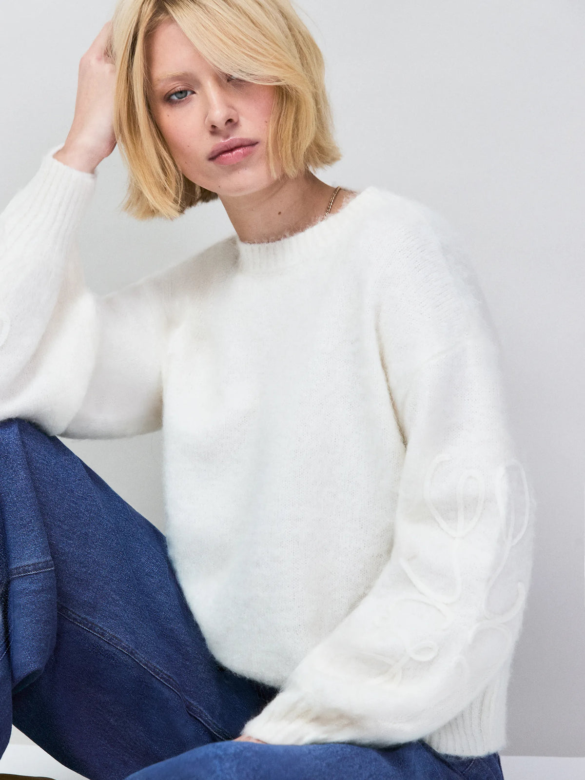 Ivory Brushed Applique Sleeve Jumper With Alpaca