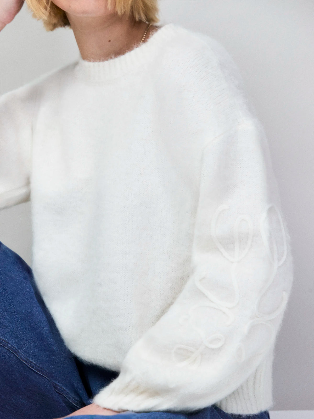 Ivory Brushed Applique Sleeve Jumper With Alpaca