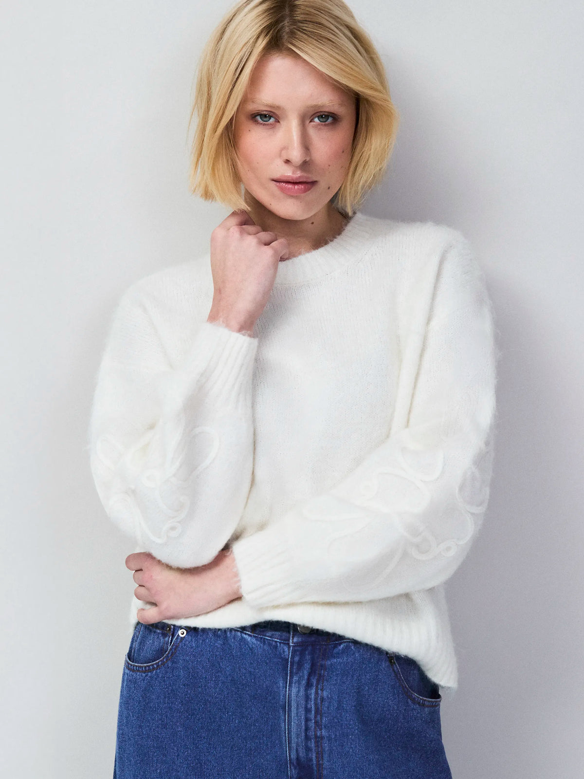 Ivory Brushed Applique Sleeve Jumper With Alpaca