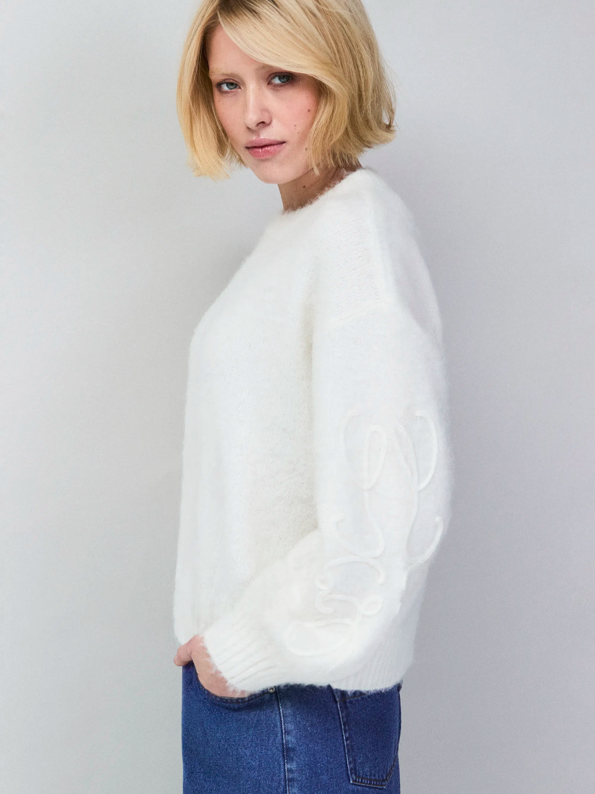 Ivory Brushed Applique Sleeve Jumper With Alpaca