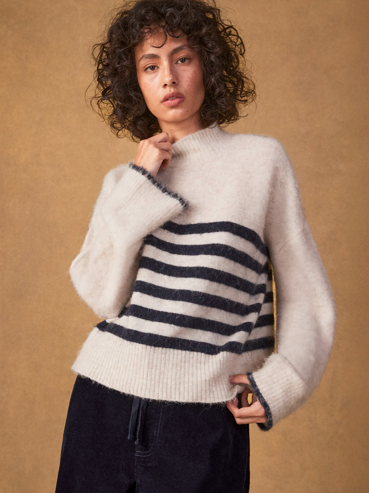 Ivory And Navy Stripe Fluffy Jumper With Alpaca
