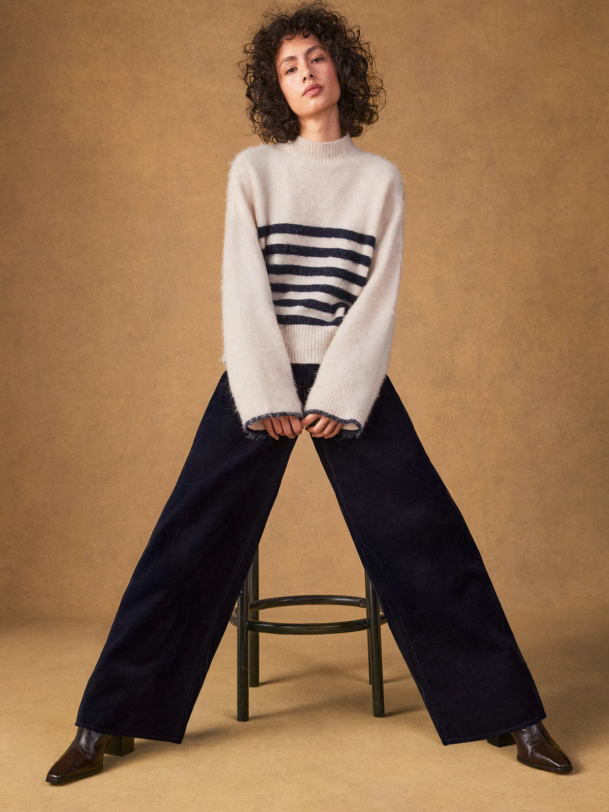 Ivory And Navy Stripe Fluffy Jumper With Alpaca