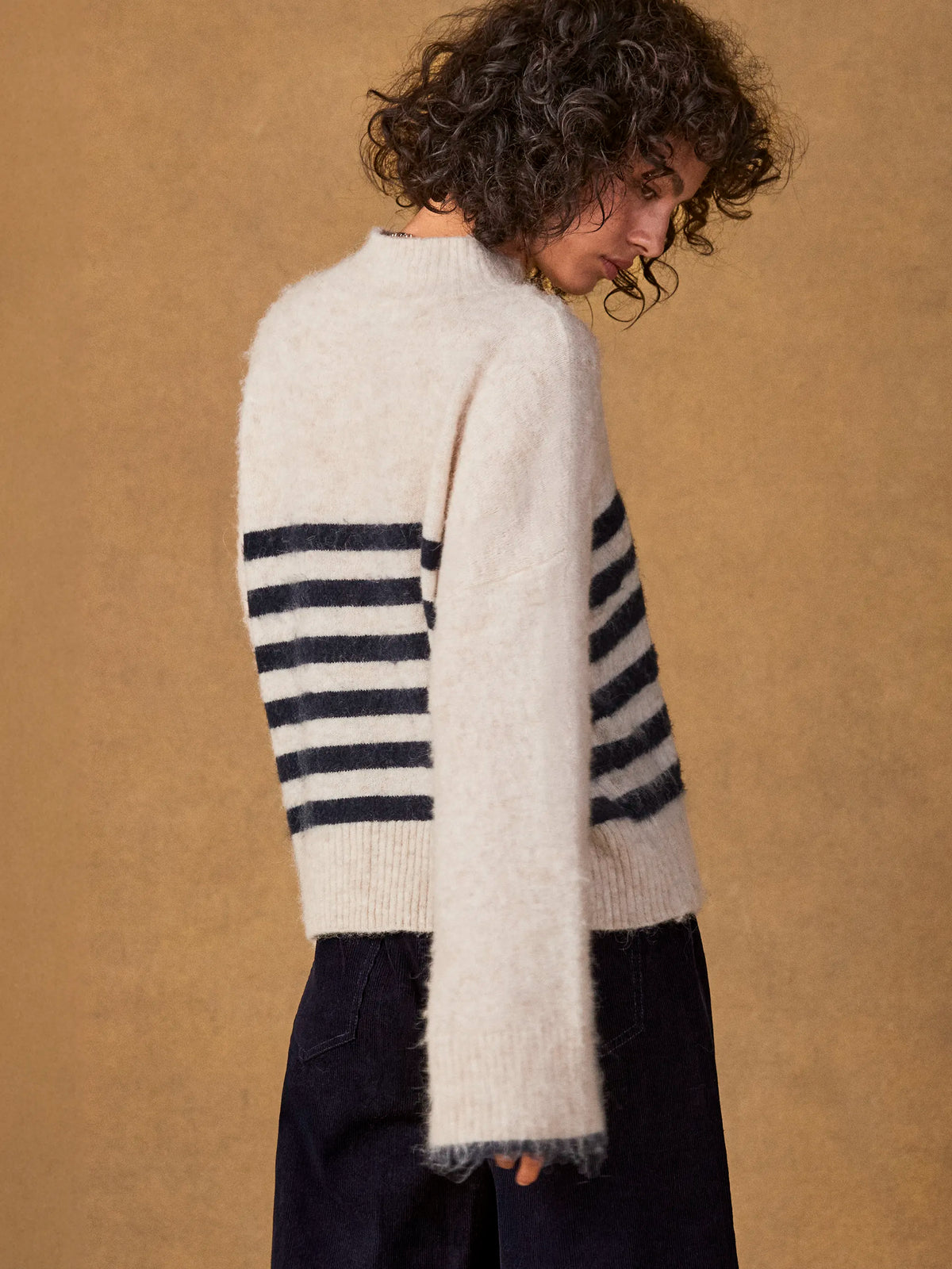 Ivory And Navy Stripe Fluffy Jumper With Alpaca