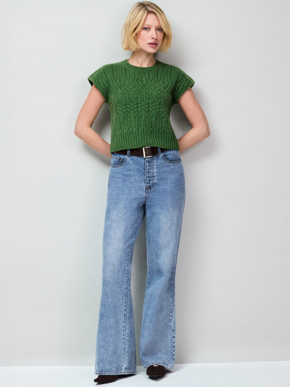 Green Cable Knit Wool Sleeveless Jumper