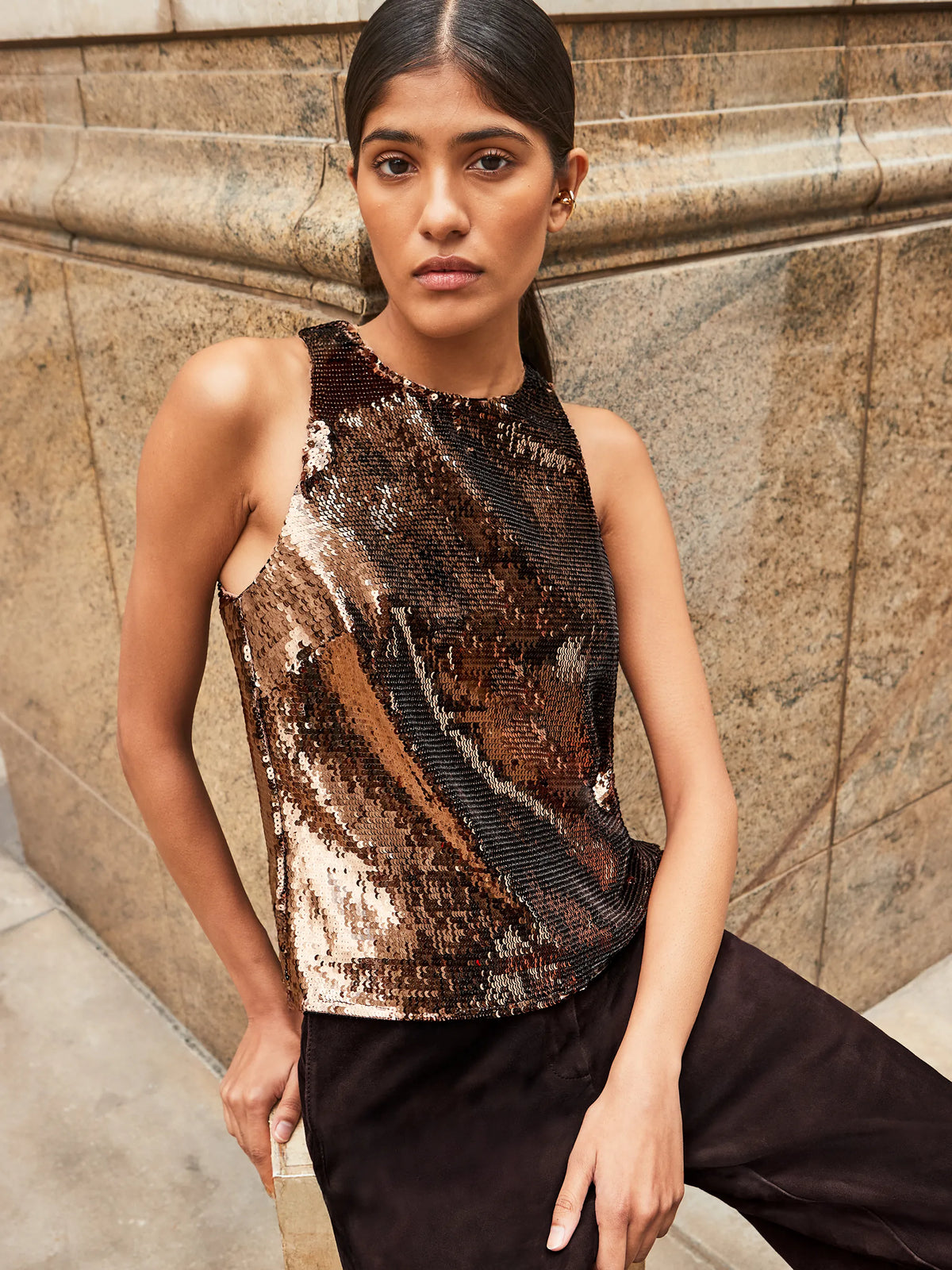 Brown Sequin Halter Neck Top