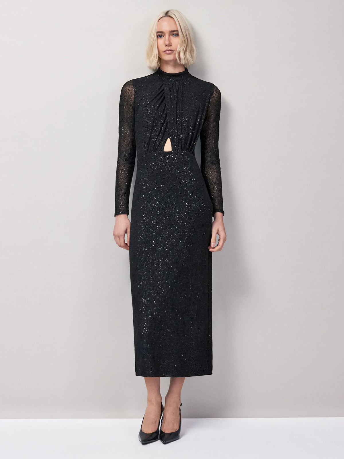 Petite Cleo Black Flocked Cut Out Detail Dress