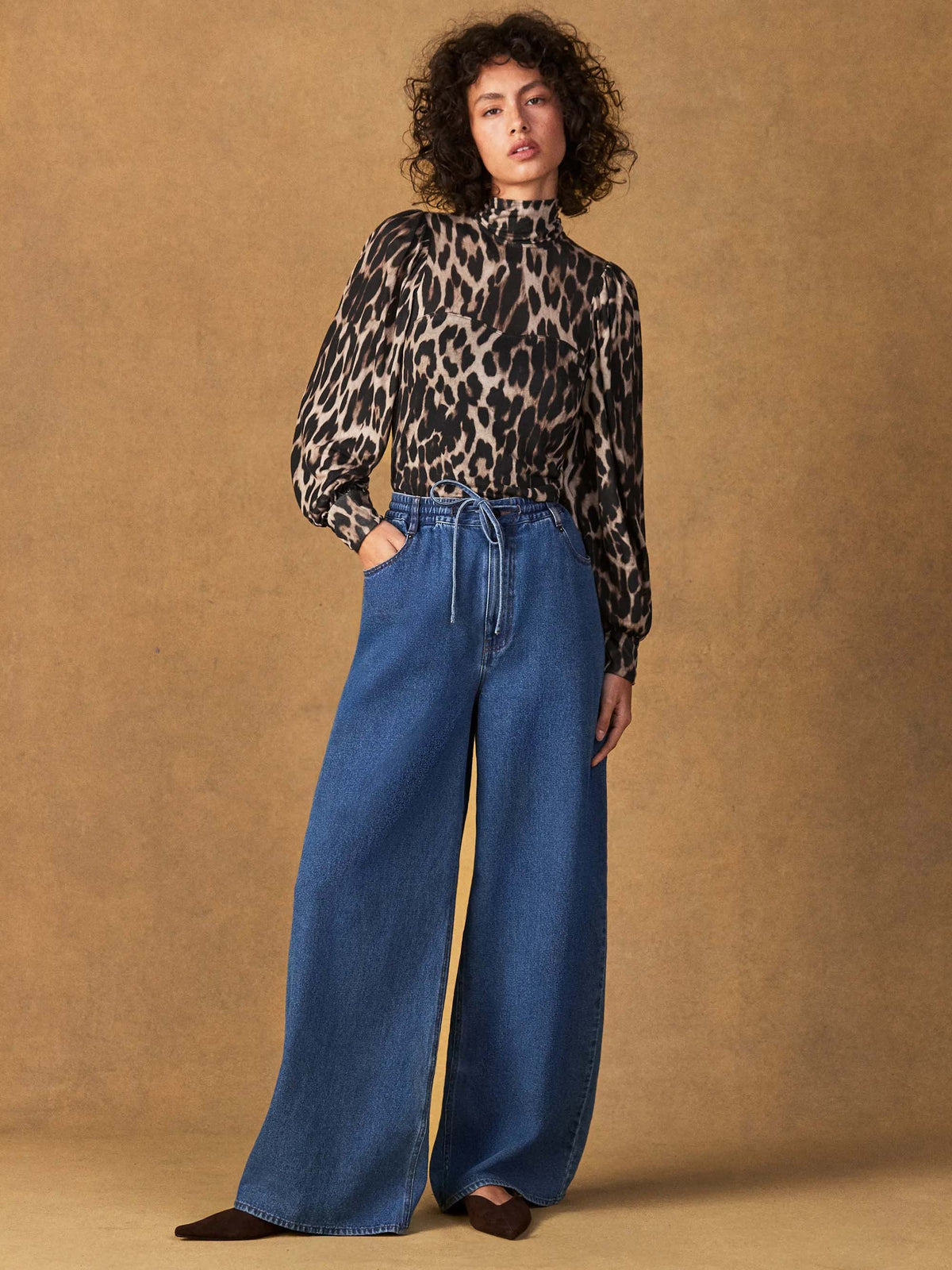 Blue Denim Drawstring Wide Leg Jeans