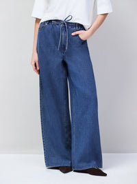 Blue Denim Drawstring Wide Leg Jeans