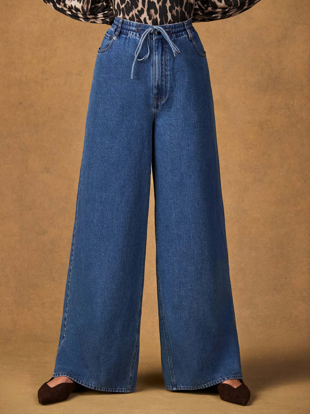 Blue Denim Drawstring Wide Leg Jeans