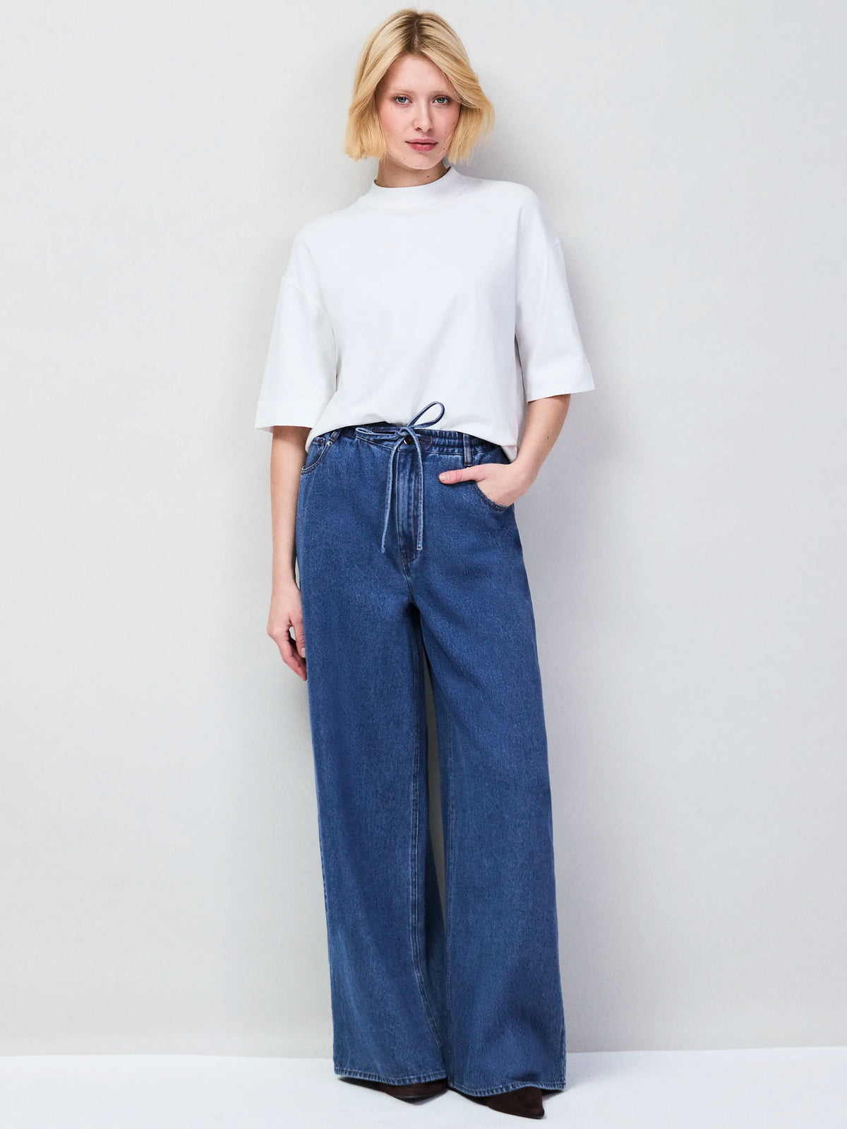 Blue Denim Drawstring Wide Leg Jeans