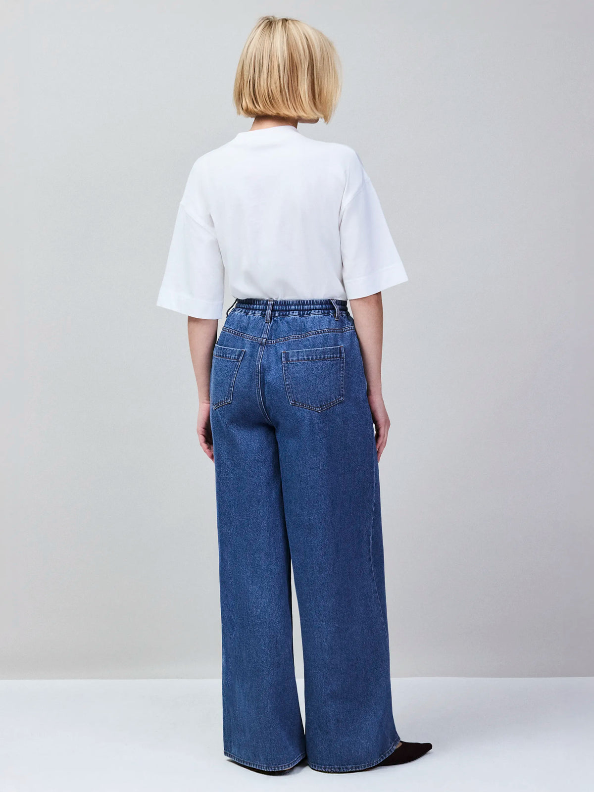 Blue Denim Drawstring Wide Leg Jeans