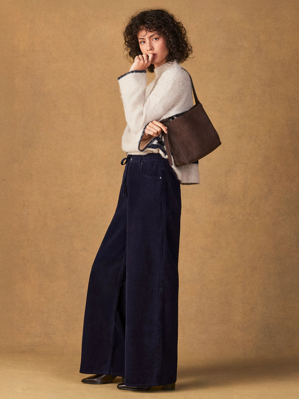 Navy Cord Drawstring Wide Leg Trousers