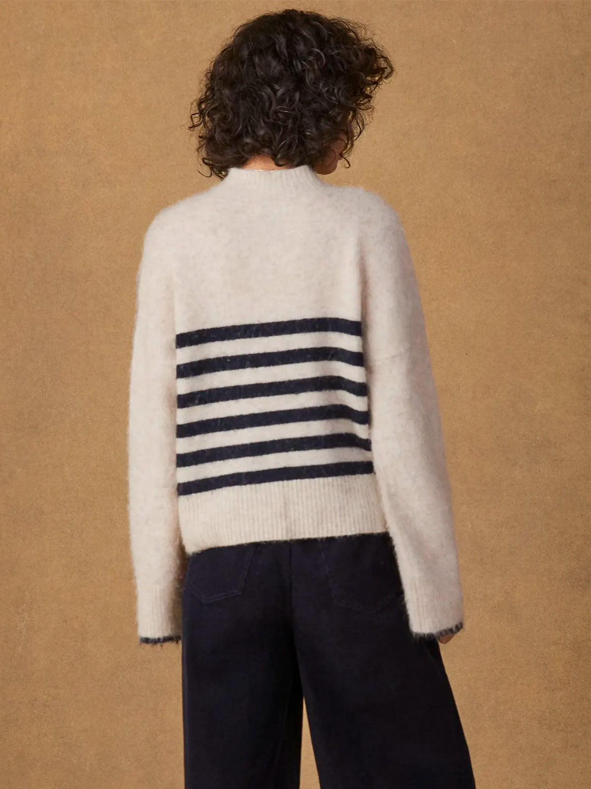 Ivory And Navy Stripe Fluffy Jumper With Alpaca