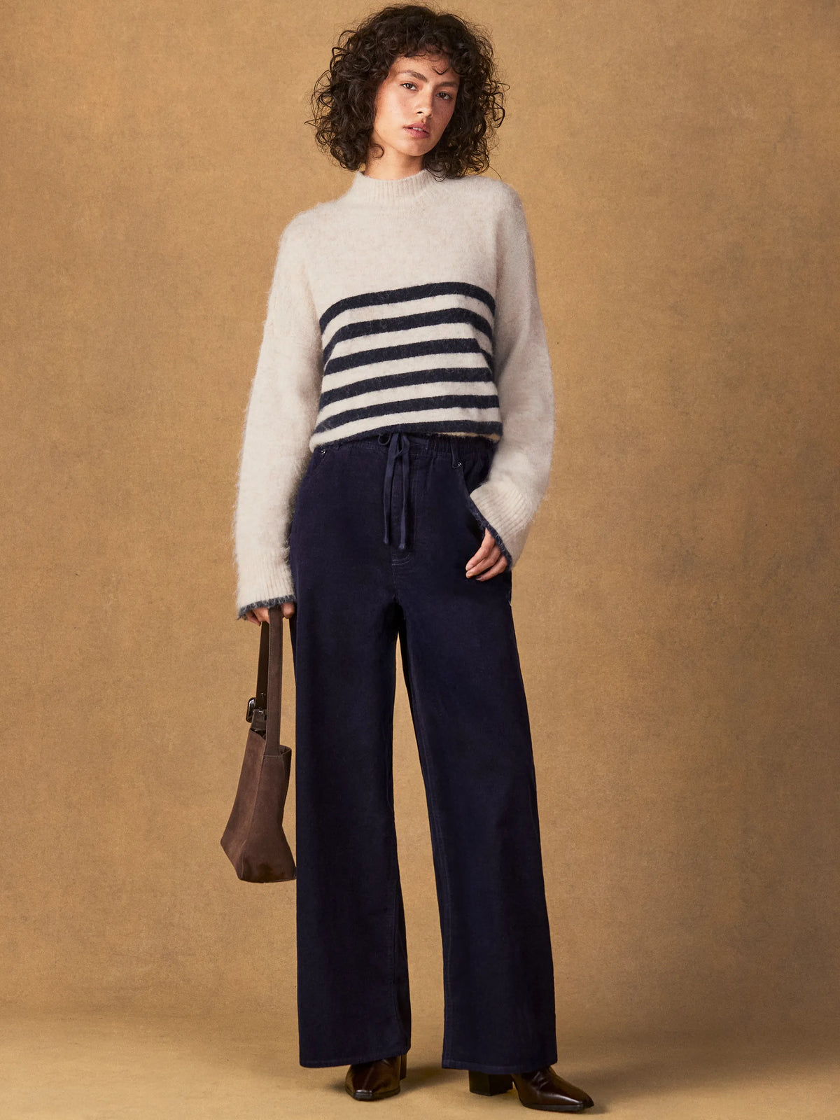 Navy Cord Drawstring Wide Leg Trousers