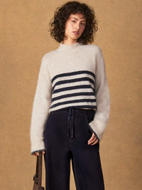 Ivory And Navy Stripe Fluffy Jumper With Alpaca