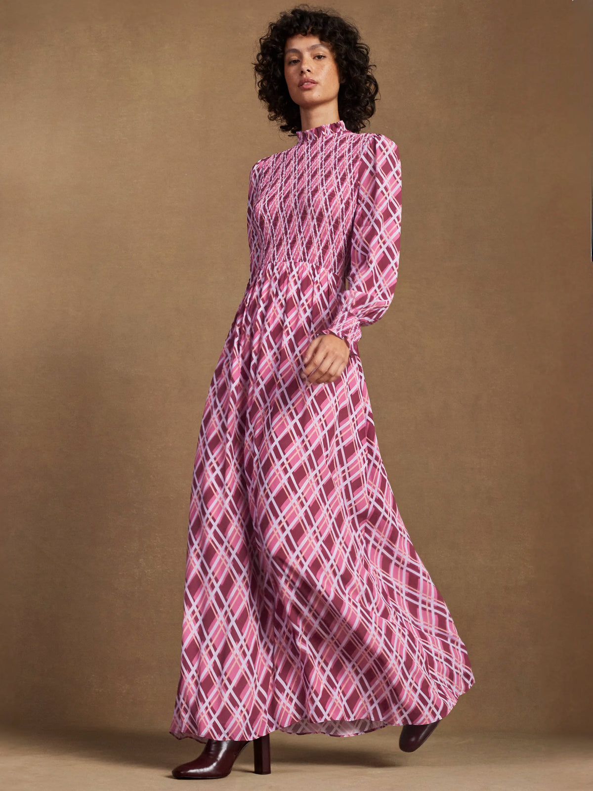 Pink Check Print Shirred Dress