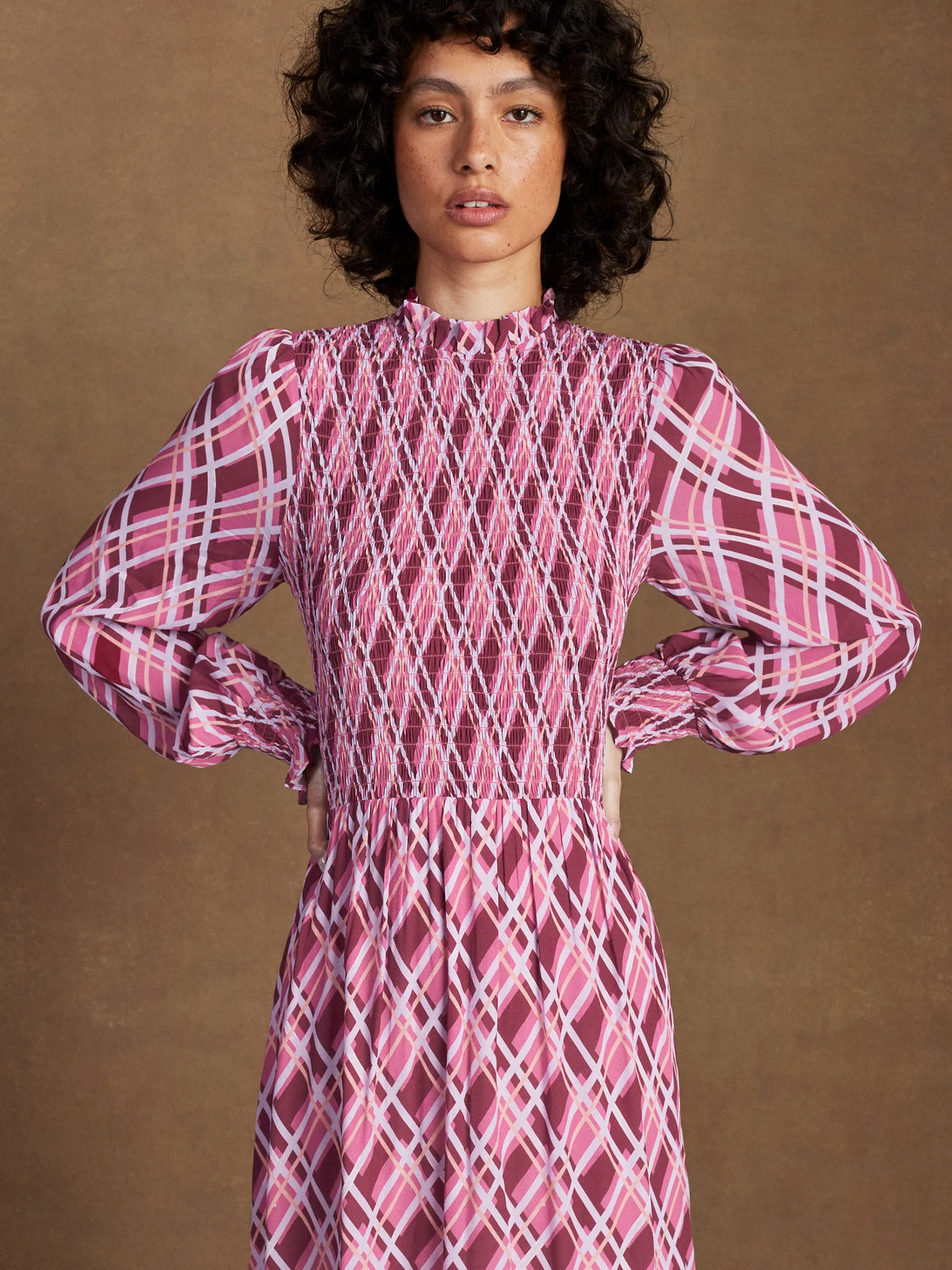 Pink Check Print Shirred Dress