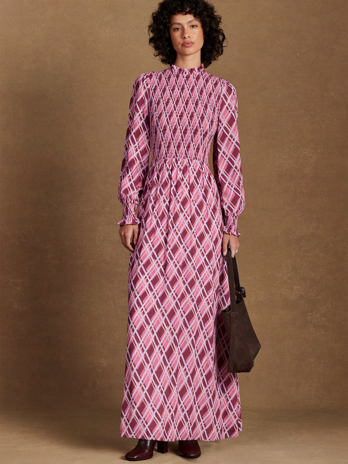 Pink Check Print Shirred Dress