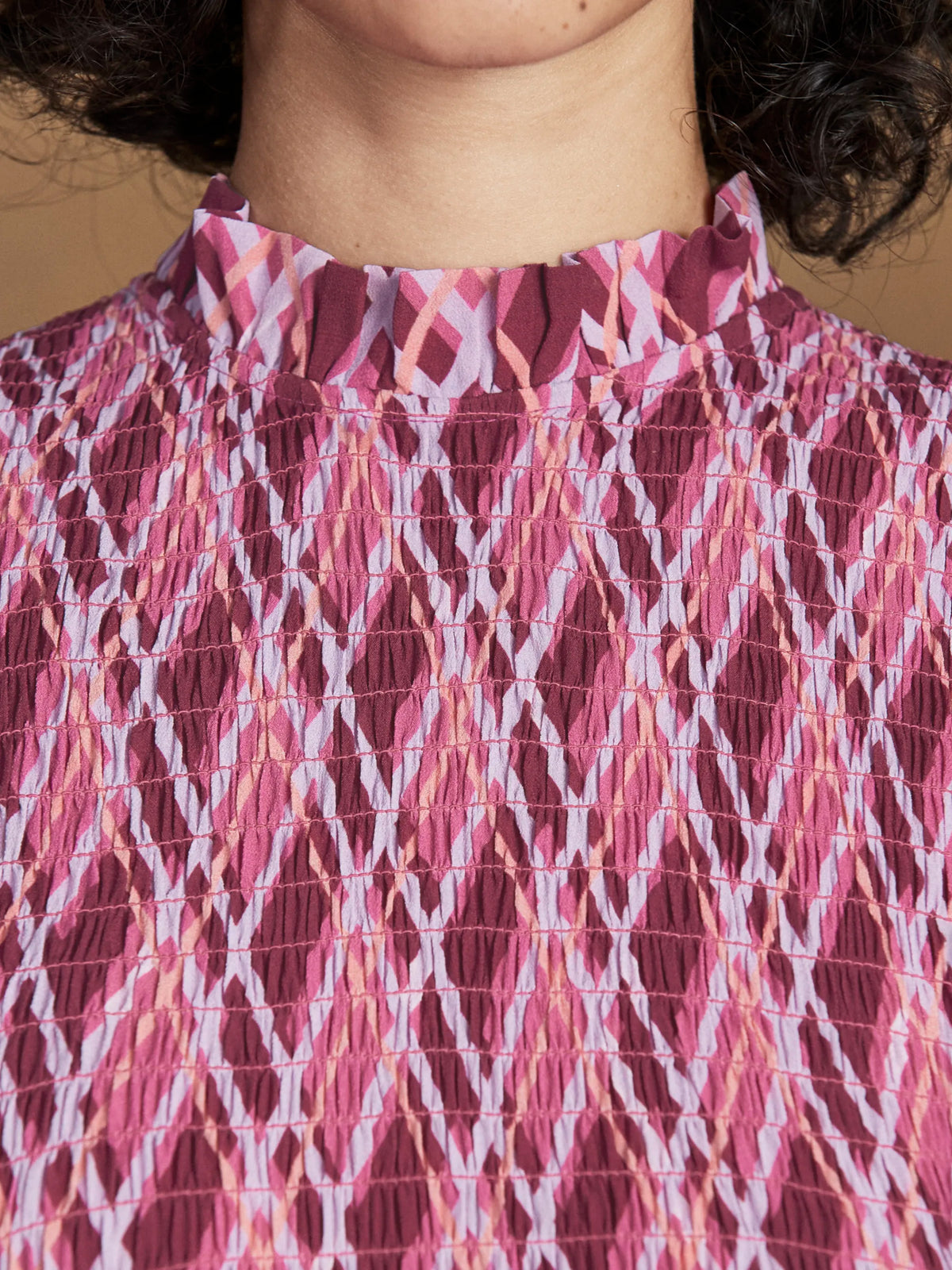 Pink Check Print Shirred Dress