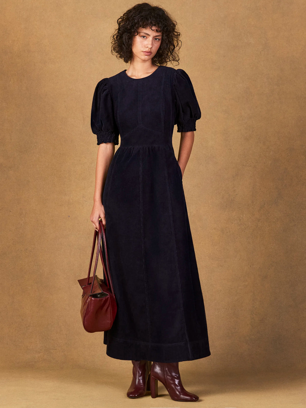 Petite Navy Cord Puff Sleeve Midi Dress