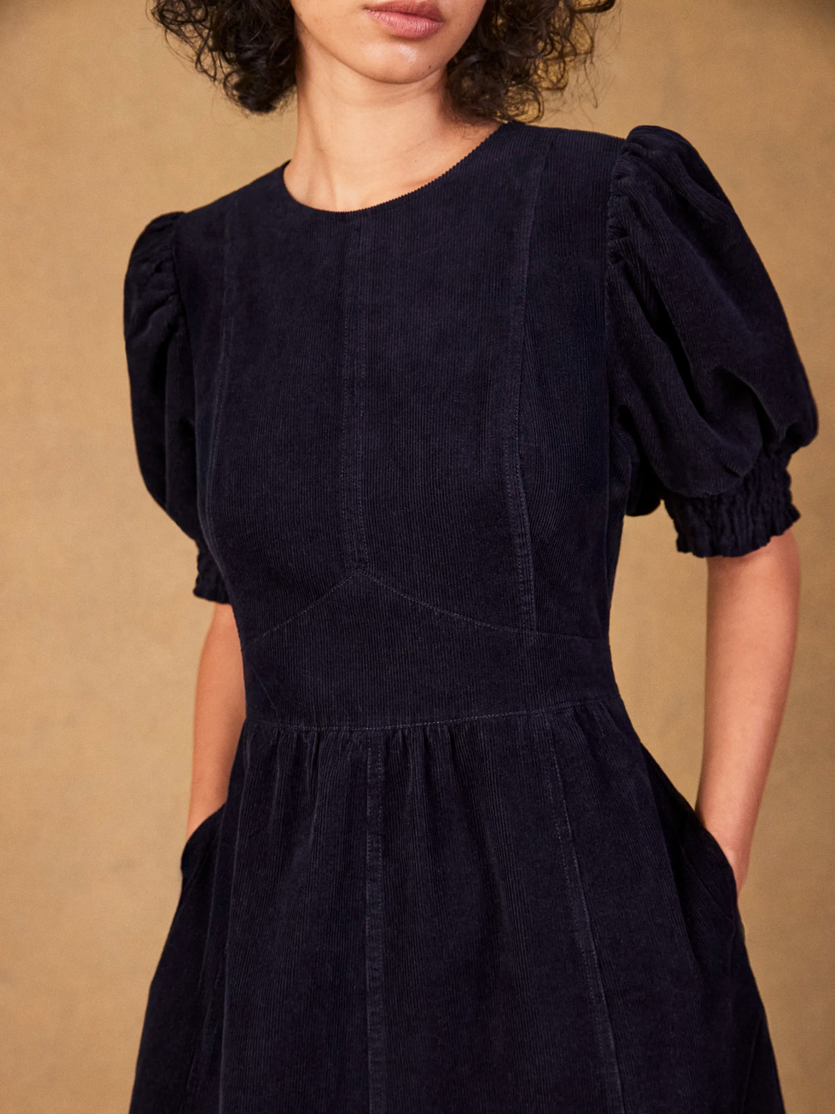 Navy Cord Puff Sleeve Midi Dress