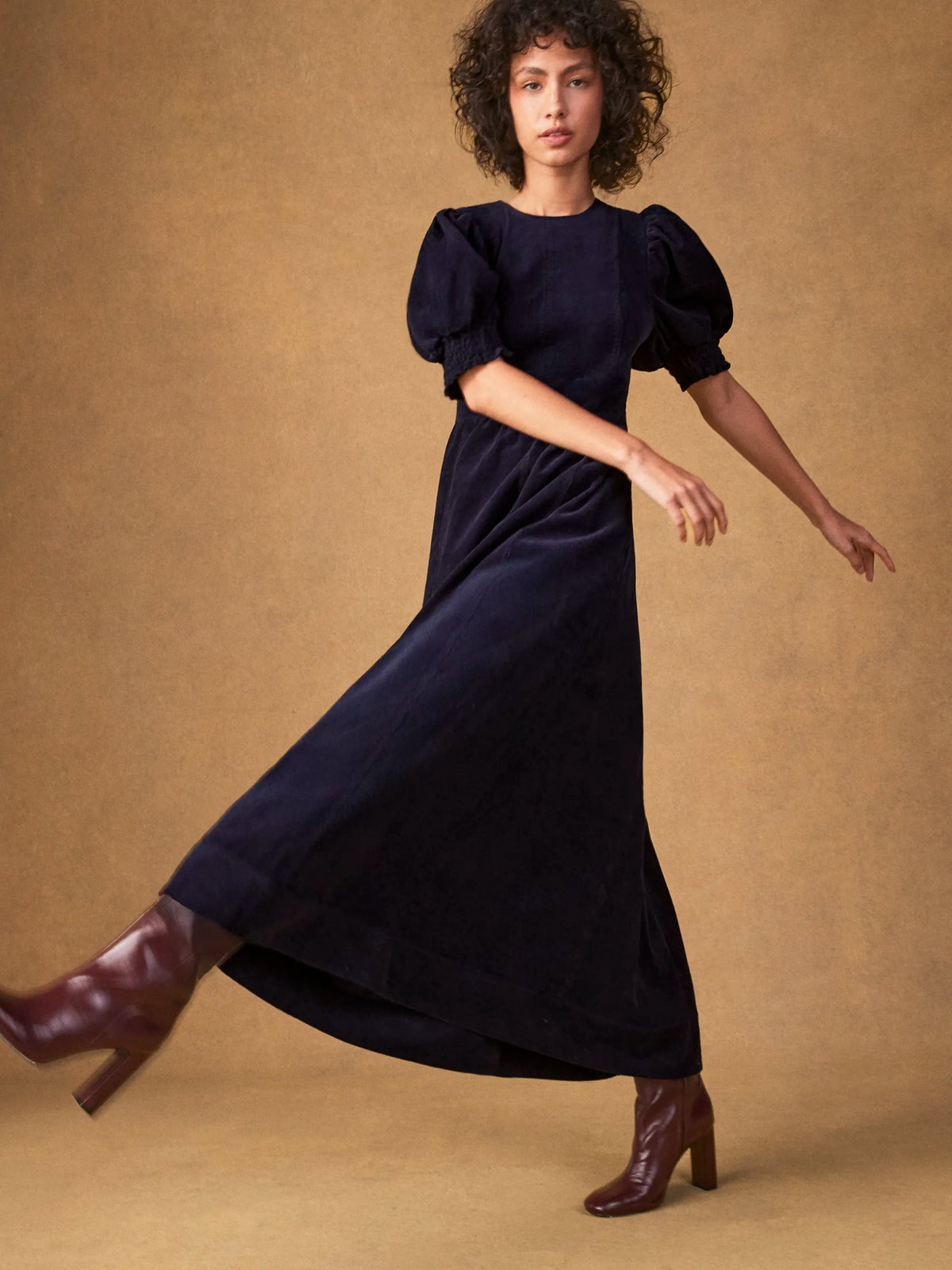 Navy Cord Puff Sleeve Midi Dress